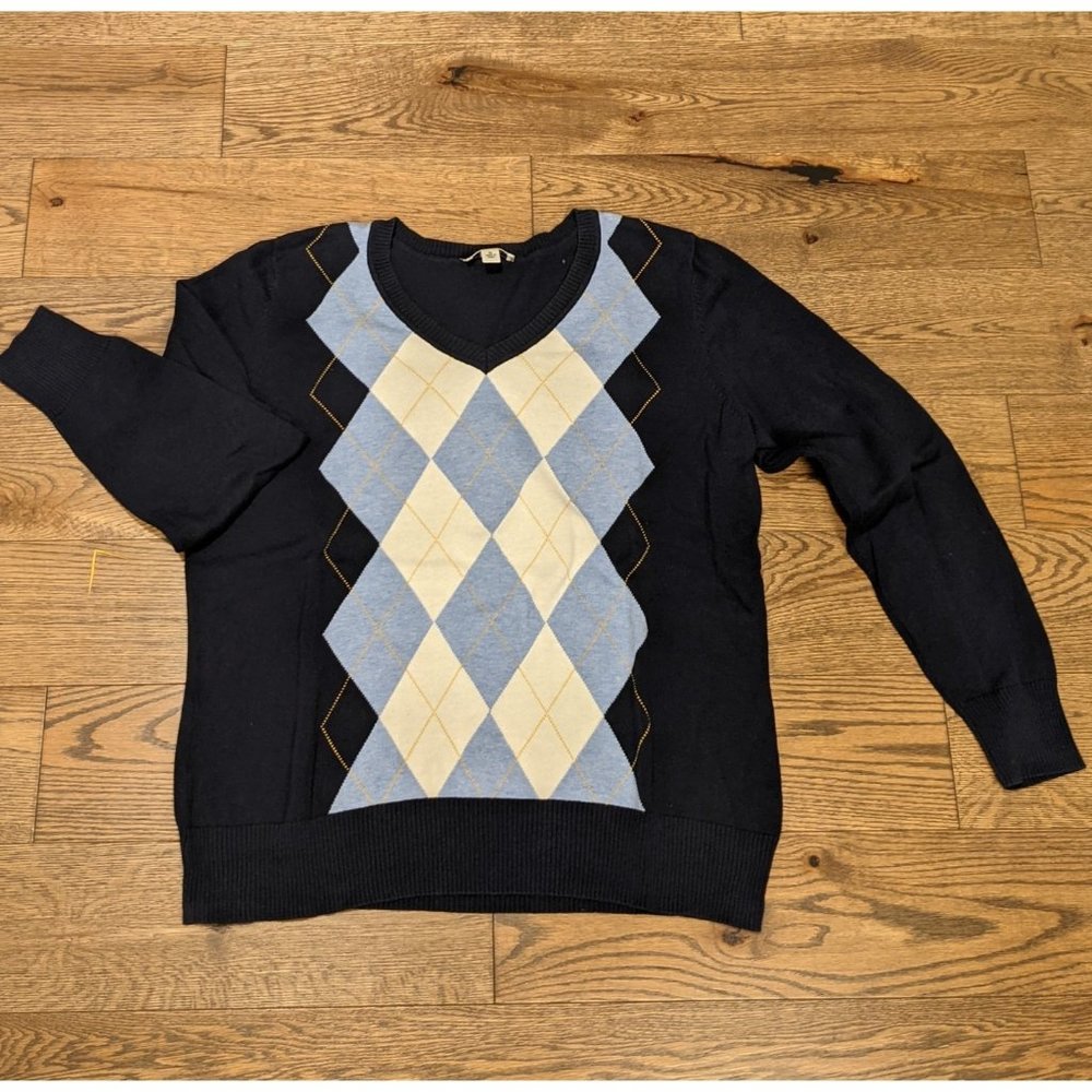 St. John's Bay Blue Argyle V-Neck Sweater Size XL